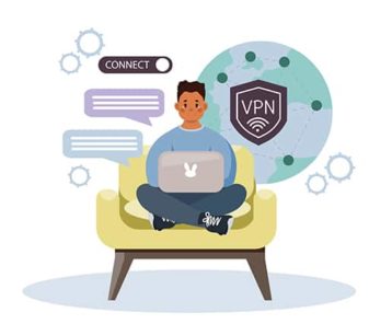 An image featuring a person sitting on a chair and is using a VPN connection on his laptop concept