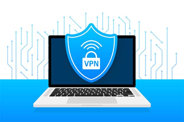 An image featuring a secure VPN connection with a logo on a laptop concept
