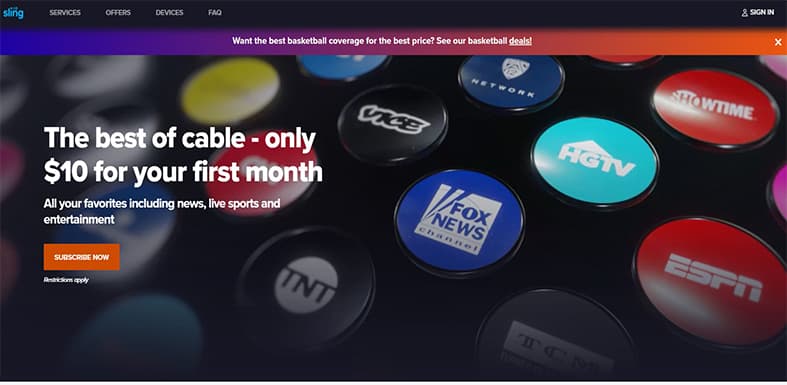 An image featuring the official Sling TV website