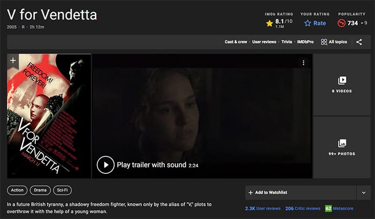 An image featuring V for Vendetta IMDb screenshot
