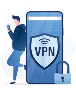 An image featuring a person standing next to a phone that has a VPN logo and a security lock on it