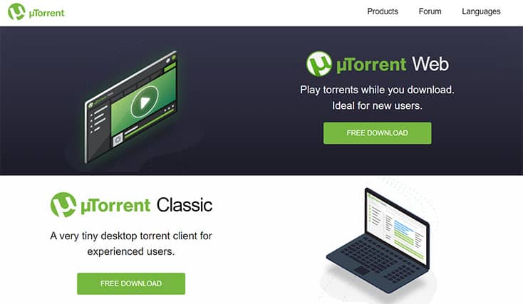 An image featuring the official uTorrent website homepage screenshot