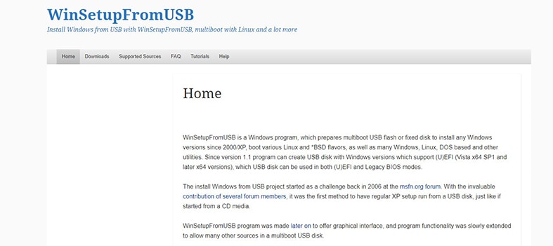 An image featuring WinSetUpFromUSB Windows website homepage