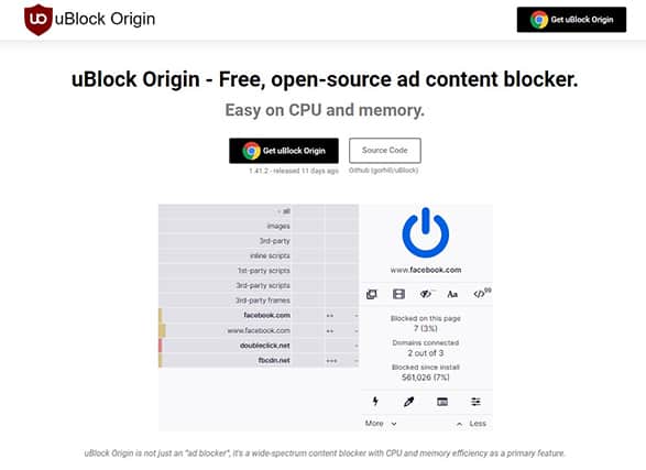 An image featuring uBlock Origin ad blocker website homepage