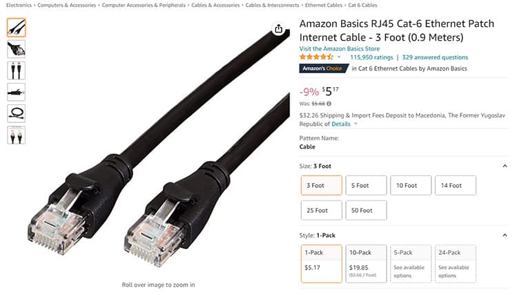 An image featuring Amazon Basics CAT 6 cable Amazon website screenshot