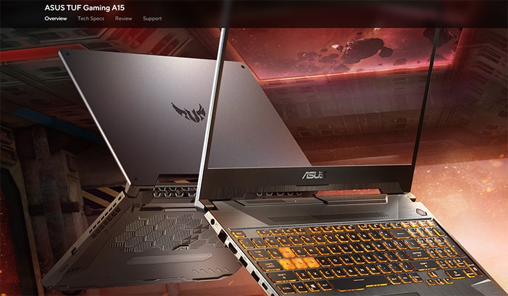 An image featuring Asus TUF A15 laptop website screenshot