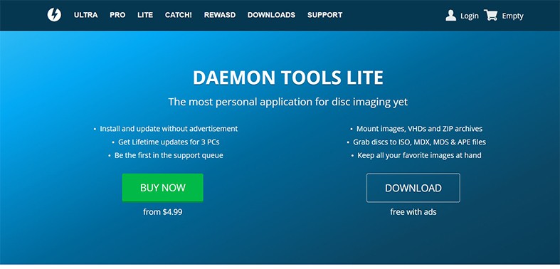 An image featuring Daemon Tools Lite website homepage screenshot
