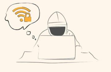 An image featuring a hacker thinking about hacking a wifi router concept