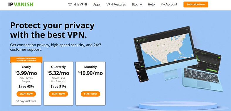 An image featuring IPVanish website homepage screenshot