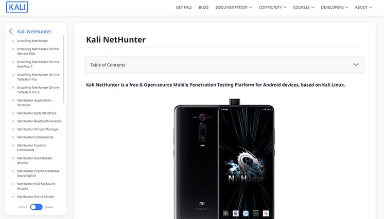 An image featuring Kali NetHunter website screenshot