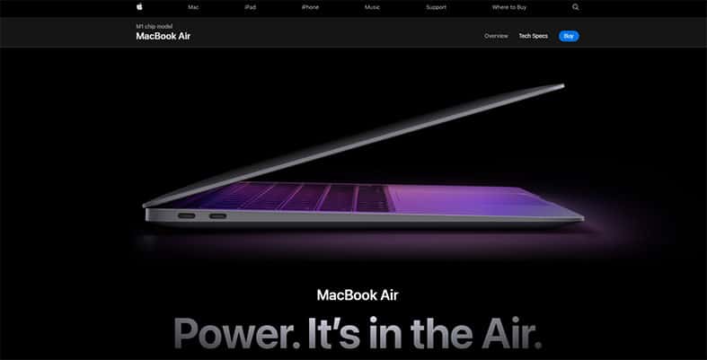 An image featuring MacBook Air M1 laptop on the official Mac website screenshot