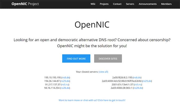 An image featuring the official OpenNIC website homepage screenshot