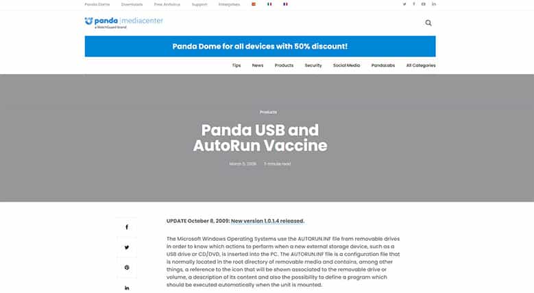 An image featuring Panda USB Vaccine website homepage screenshot