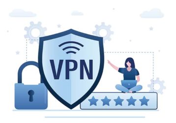 An image featuring a person using a secure VPN connection on laptop with 5 stars concept