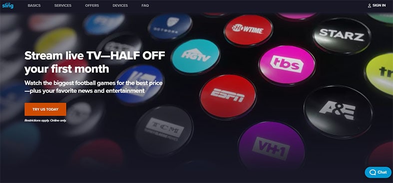 An image featuring the official Sling TV website homepage screenshot