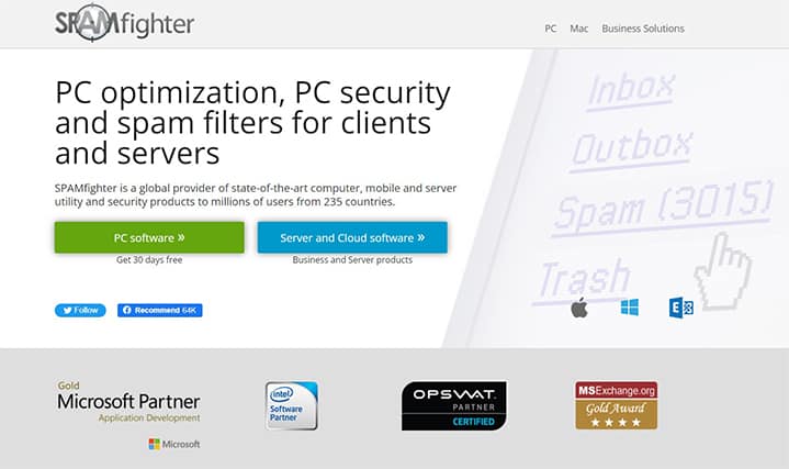 An image featuring the SpamFighter website homepage