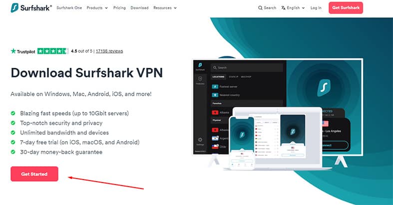 An image featuring the official Surfshark VPN with an arrow pointing to the get started button screenshot