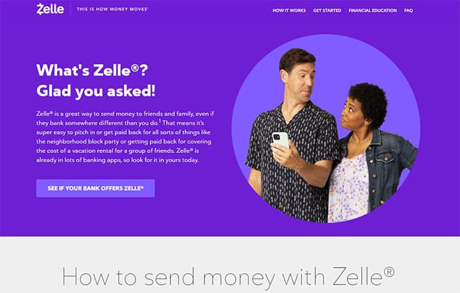 An image featuring Zelle homepage