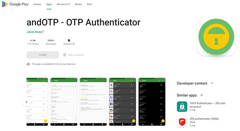 An image featuring andOTP Authenticator screenshot from Google Play store