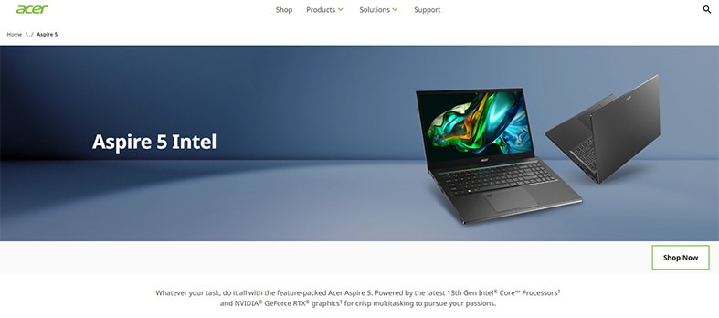 An image featuring Acer Aspire 5 laptop website screenshot