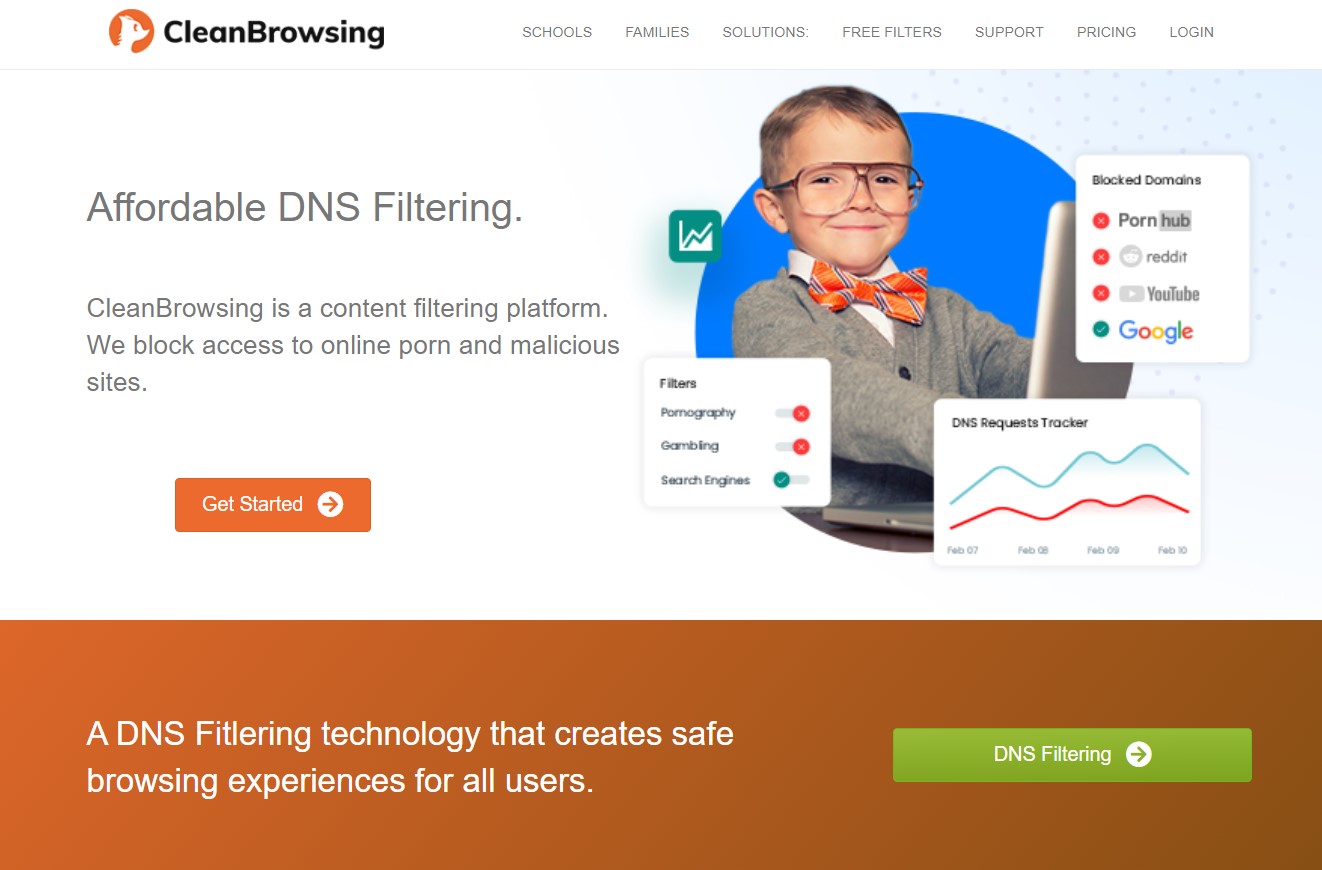 An image featuring CleanBrowsing DNS filtering website homepage screenshot