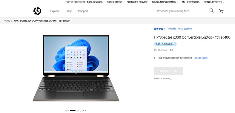 An image featuring HP Spectre X360 15T laptop on the official HP website screenshot