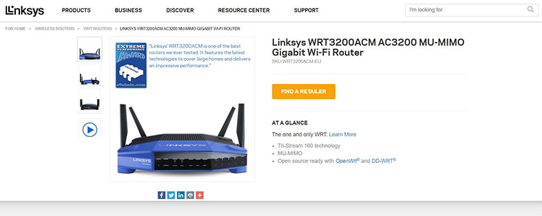 An image featuring Linksys WRT 3200 ACM Router website screenshot