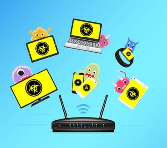 An image featuring a router that has malware on it together with other devices concept