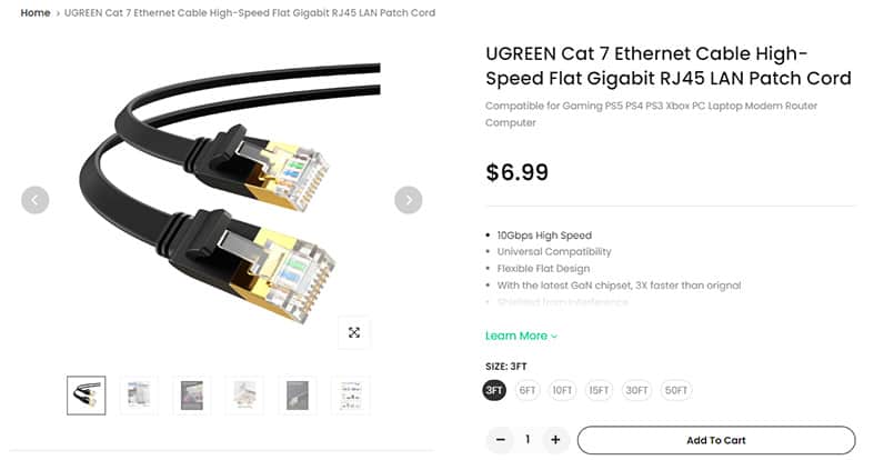 An image featuring Ugreen Flat Ethernet cable Cat 7 website screenshot