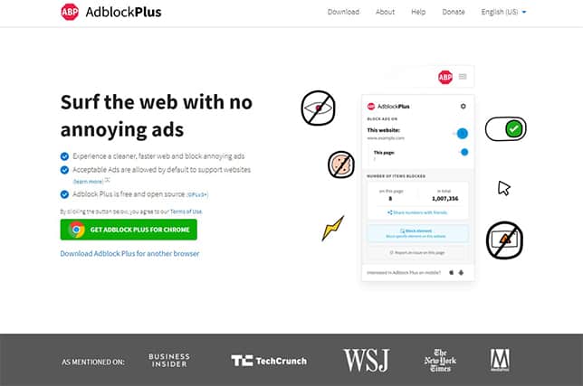 An image featuring AdblockPlus ad blocker website homepage