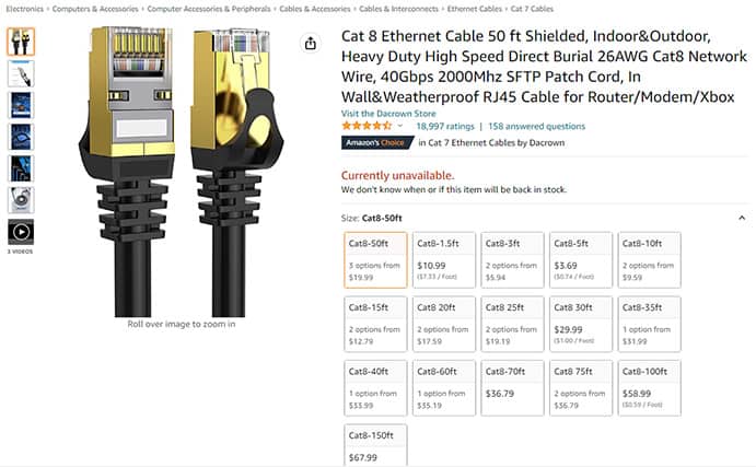 An image featuring Dacrown Weatherproof ethernet cable Cat 8 Amazon website screenshot