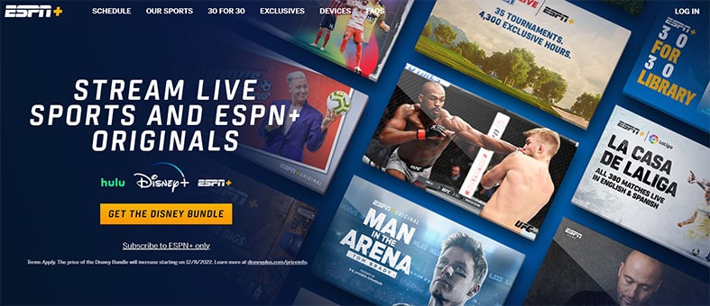 An image featuring the official ESPN Plus website homepage screenshot