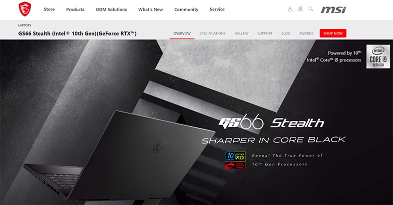 An image featuring MSI GS66 laptop website screenshot