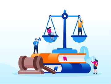 An image featuring people standing on law books and a gavel representing legality concept