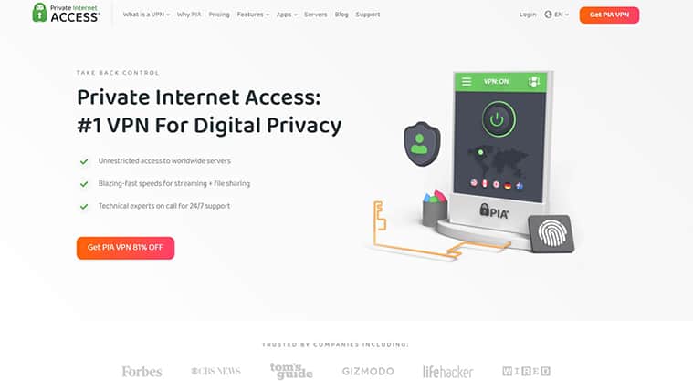 Private Internet Access 웹 사이트 홈페이지를 특징으로하는 이미지