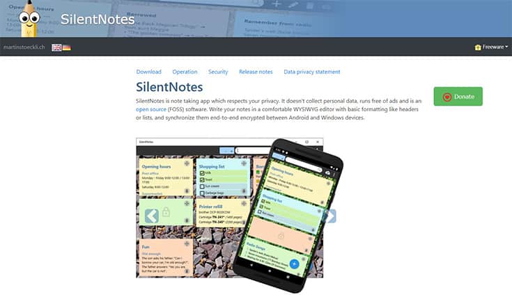 An image featuring the SilentNotes website homepage