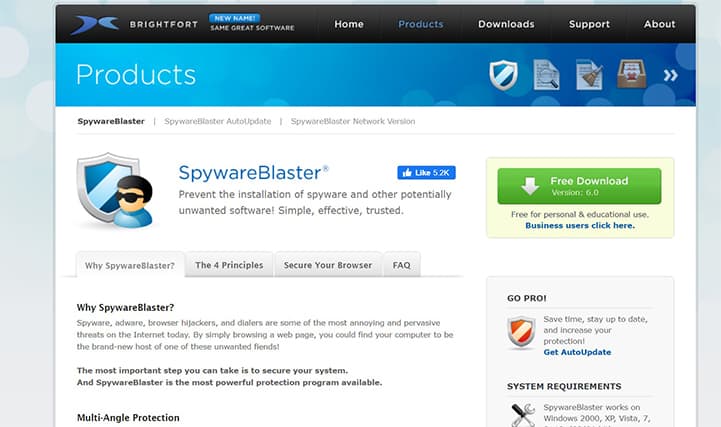 An image featuring SpywareBlaster website