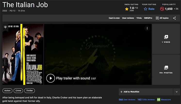 An image featuring The Italian Job IMDb screenshot