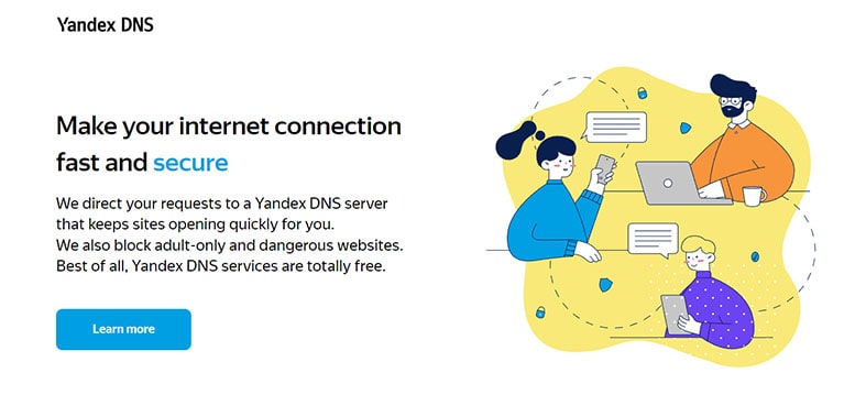 An image featuring the official Yandex DNS website homepage screenshot