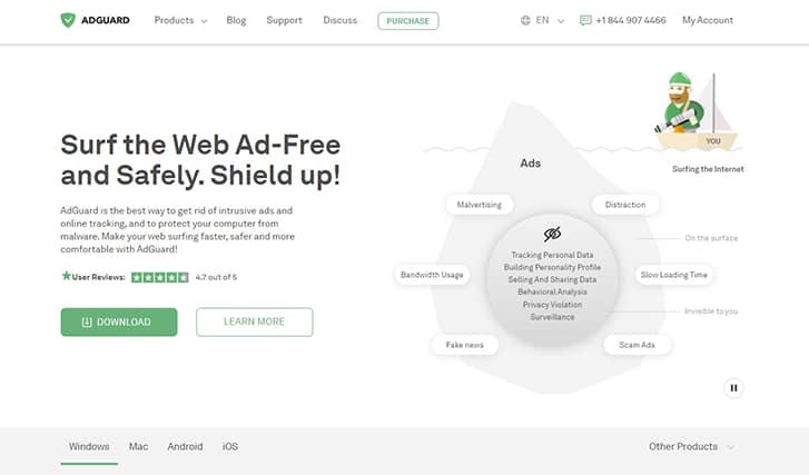 An image featuring AdGuard ad blocker website homepage