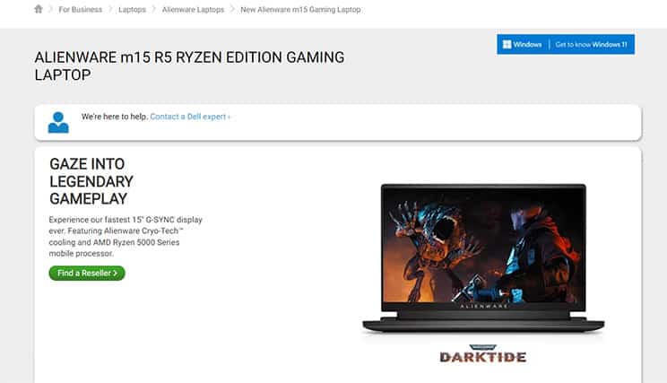 An image featuring Alienware M15 R5 laptop website screenshot