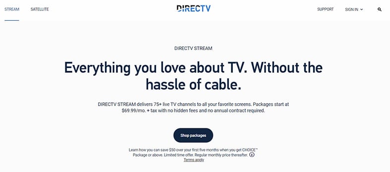 An image featuring the official DirecTV Stream website screenshot