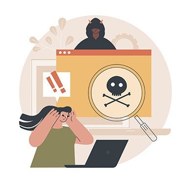 An image featuring malware danger hacker attacking an innocent person on laptop concept