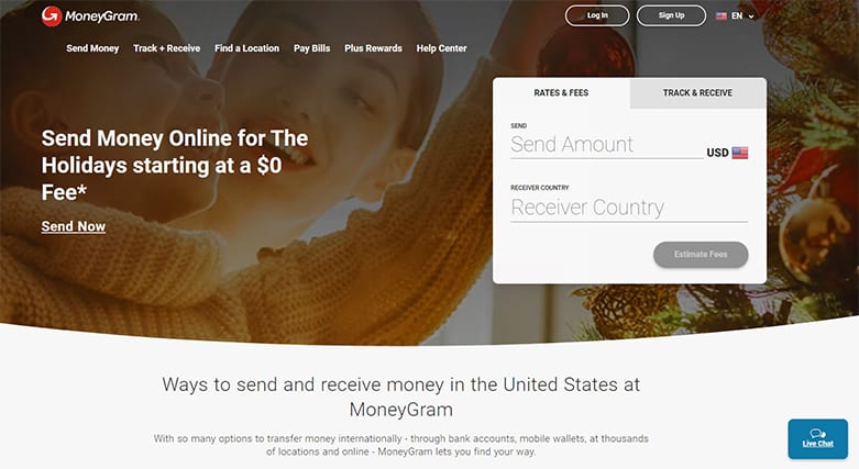 An image featuring MoneyGram homepage