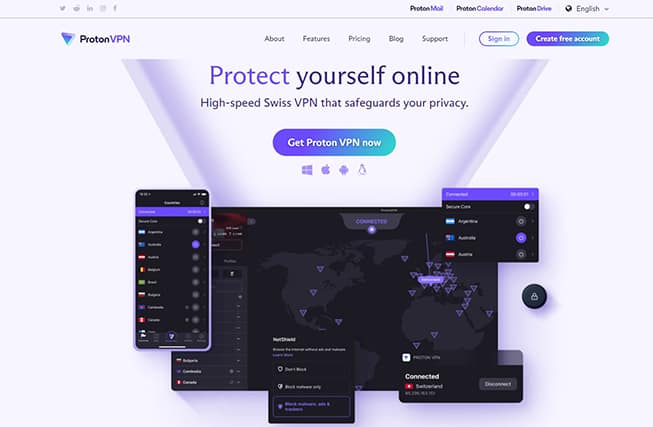 An image featuring ProtonVPN website homepage screenshot