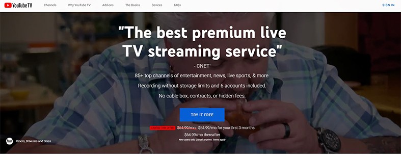 An image featuring Youtube TV website homepage screenshot