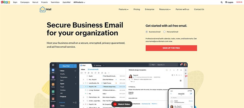 An image featuring Zoho Mail website homepage
