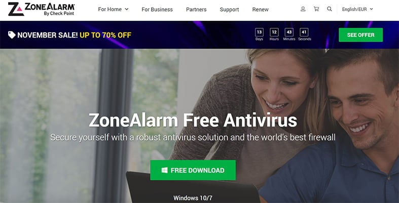 An image featuring ZoneAlarm free antivirus website