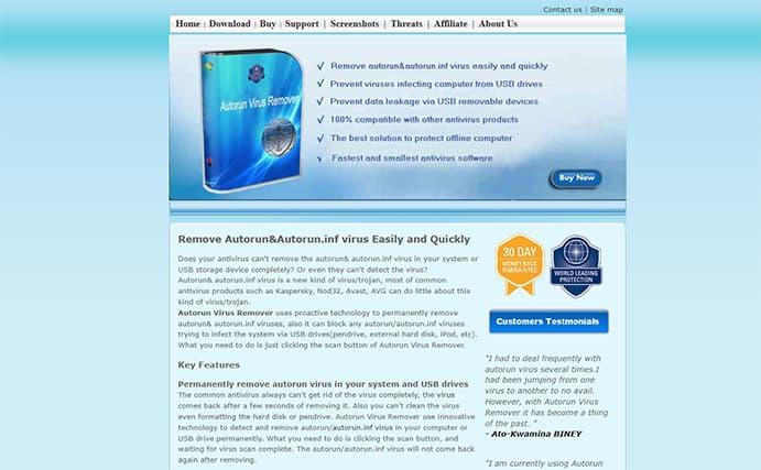 An image featuring Autorun Virus Remover website homepage screenshot