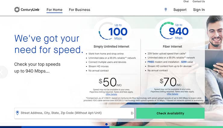 An image featuring the official CenturyLink website homepage screenshot